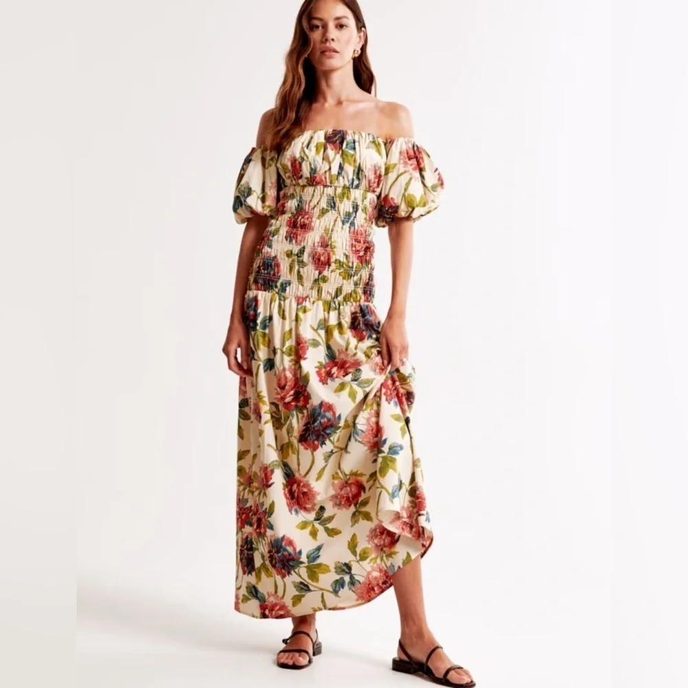 Abercrombie & Fitch Smocked Drop Waist Off Shoulder Floral Maxi Sundress NWT